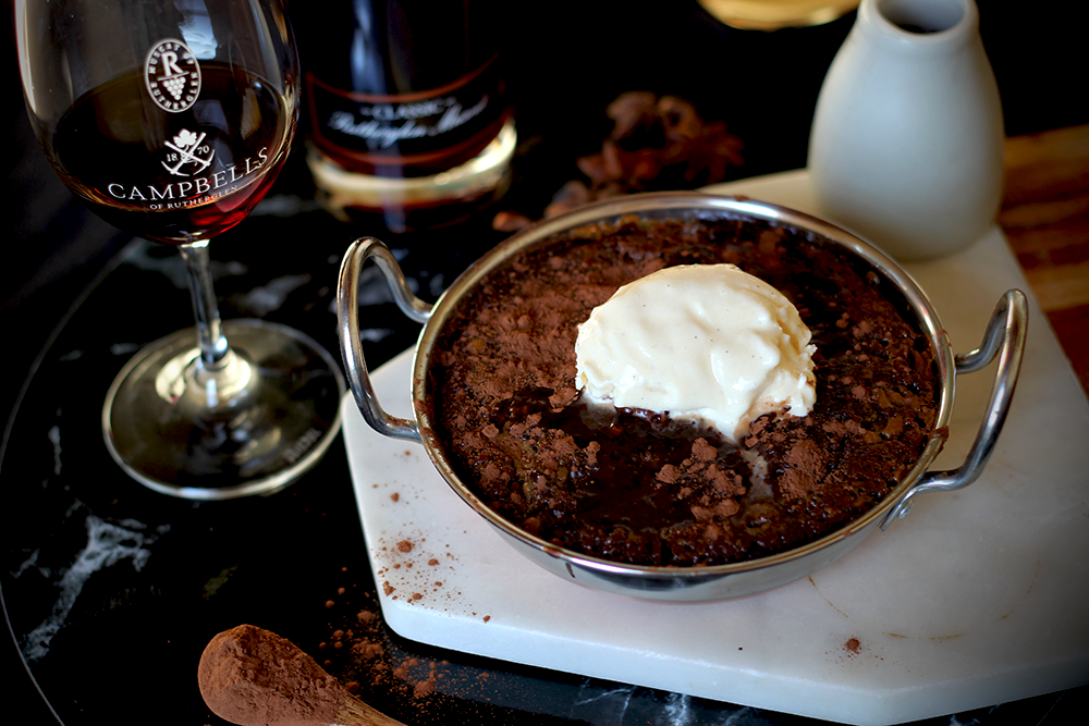 Chocolate Pudding with Salted Caramel Sauce and Vanilla Bean Ice Cream