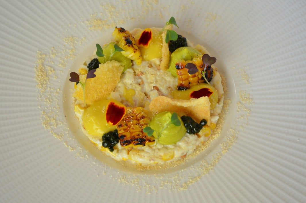 Fraser Isle spanner crab. Avocado. Textures of sweetcorn. Basil. Buckwheat
