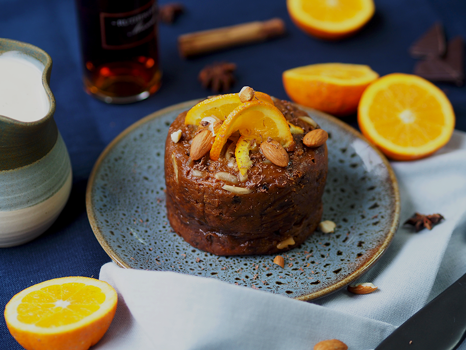 Muscat Soaked Fruit Pudding with Orange Infused Custard
