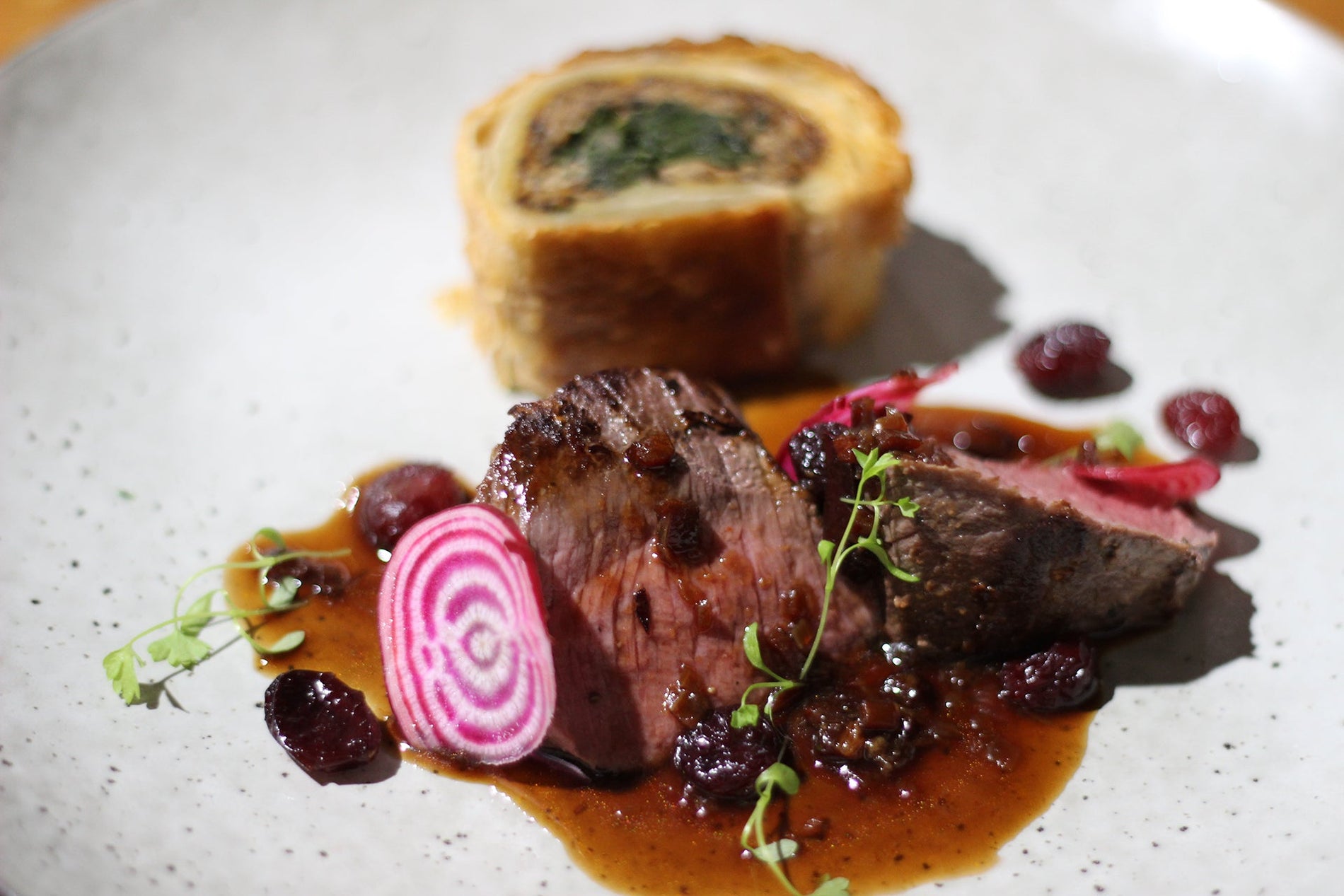 Venison Loin with Spinach and Mushroom Wellington