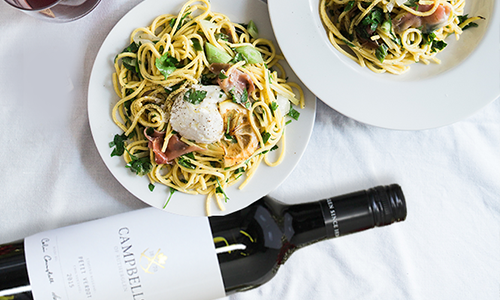 Ricotta, Parsley, Lemon and Prosciutto Fettuccine with Petit Verdot