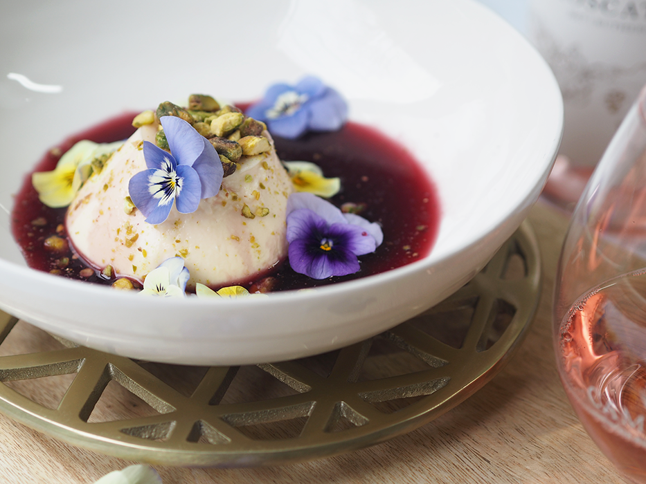Moscato Panna Cotta with Pistachios &amp; Berry Coulis
