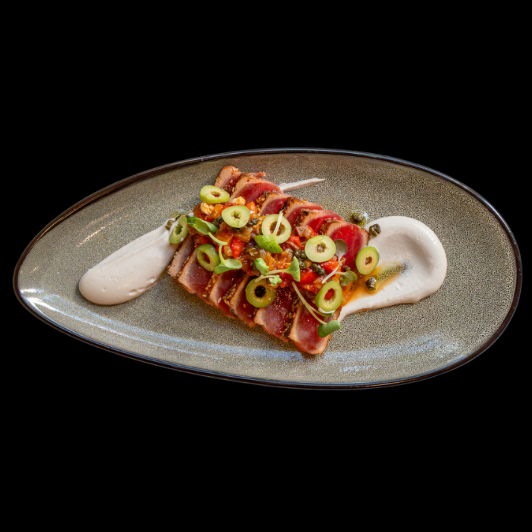 Seared tuna, tomato + prosciutto salsa, cashews, green olive and crisp capers