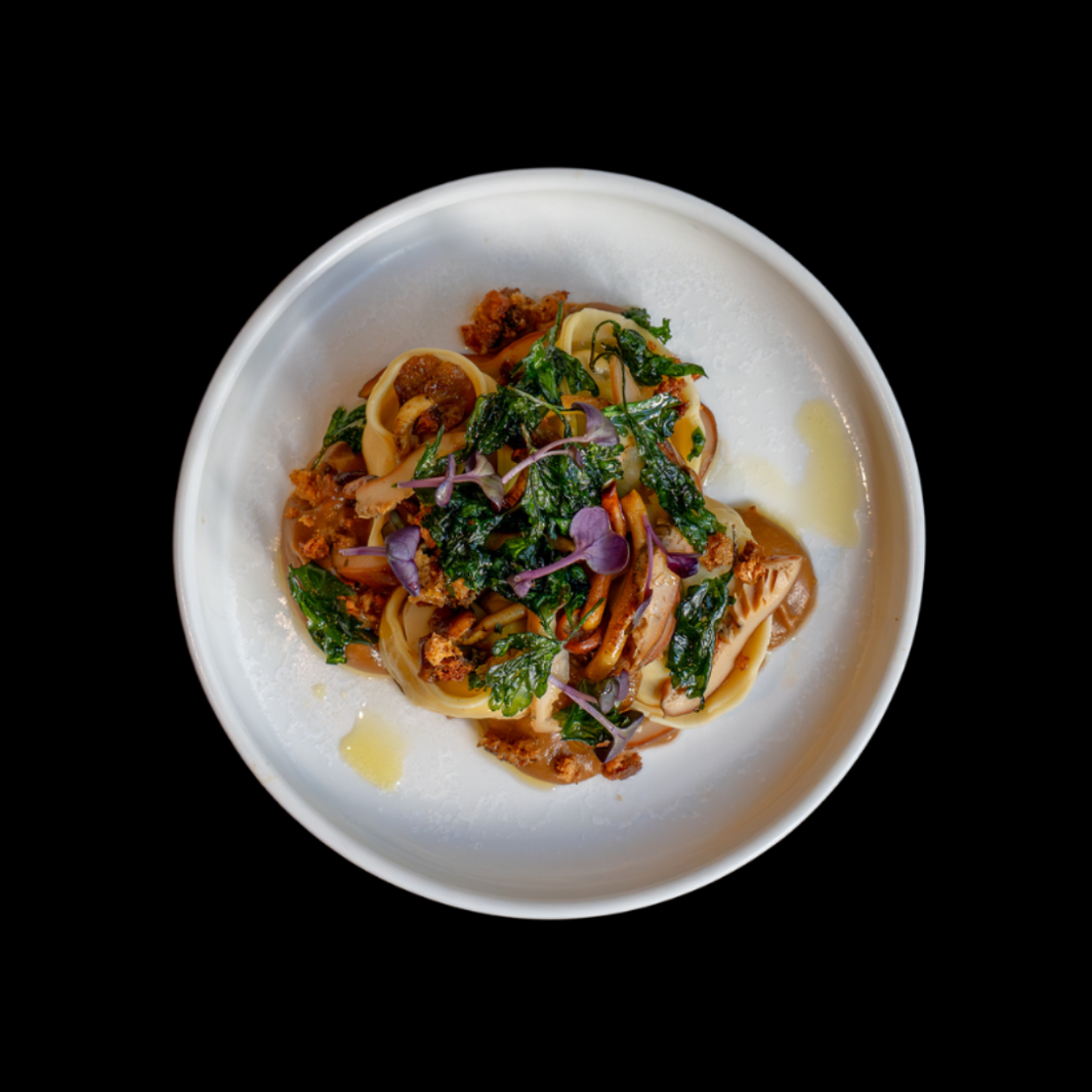 Venison tortellini, sauteed mushrooms, creamy onion puree, herbed pangrattato