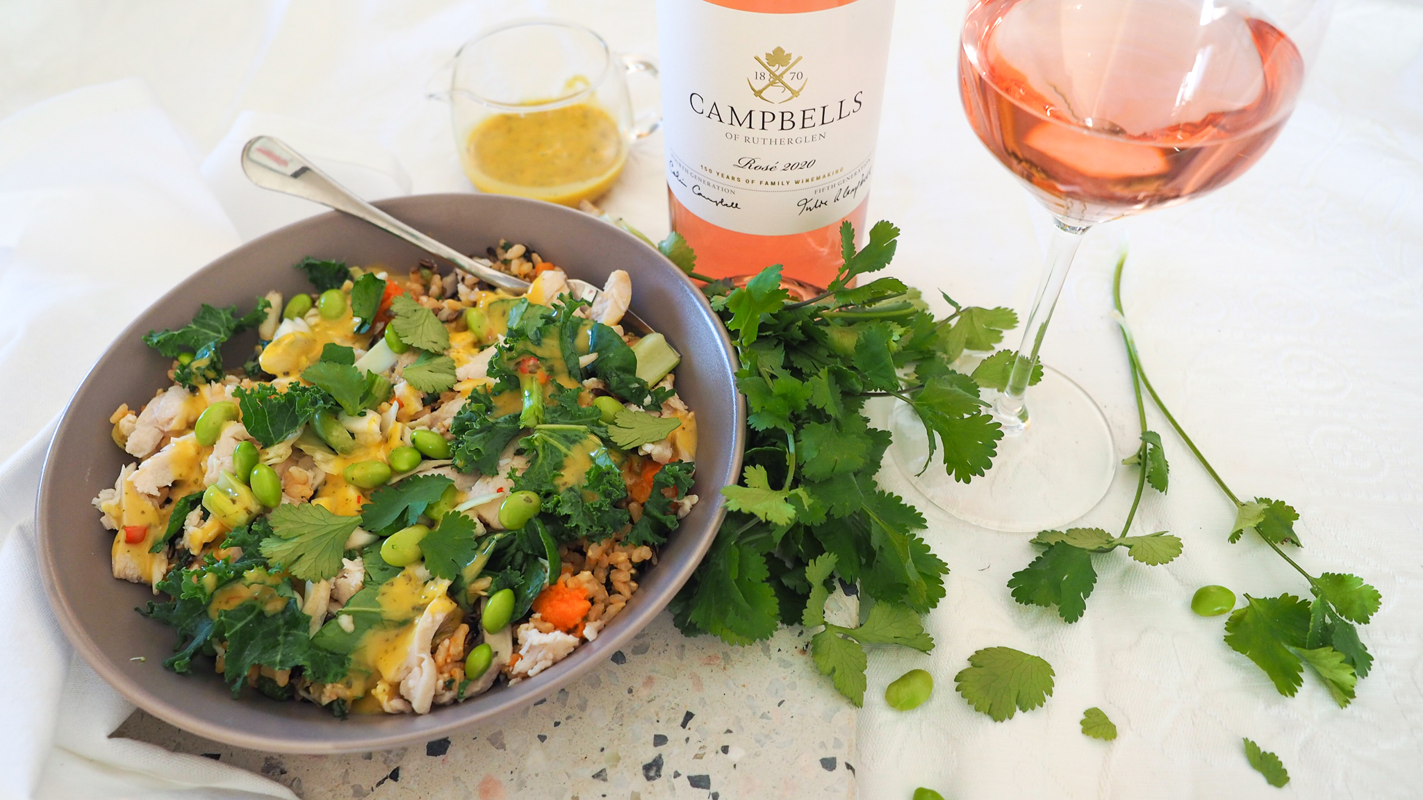 Warm Chicken Salad with Citrus Sauce paired with Rosé