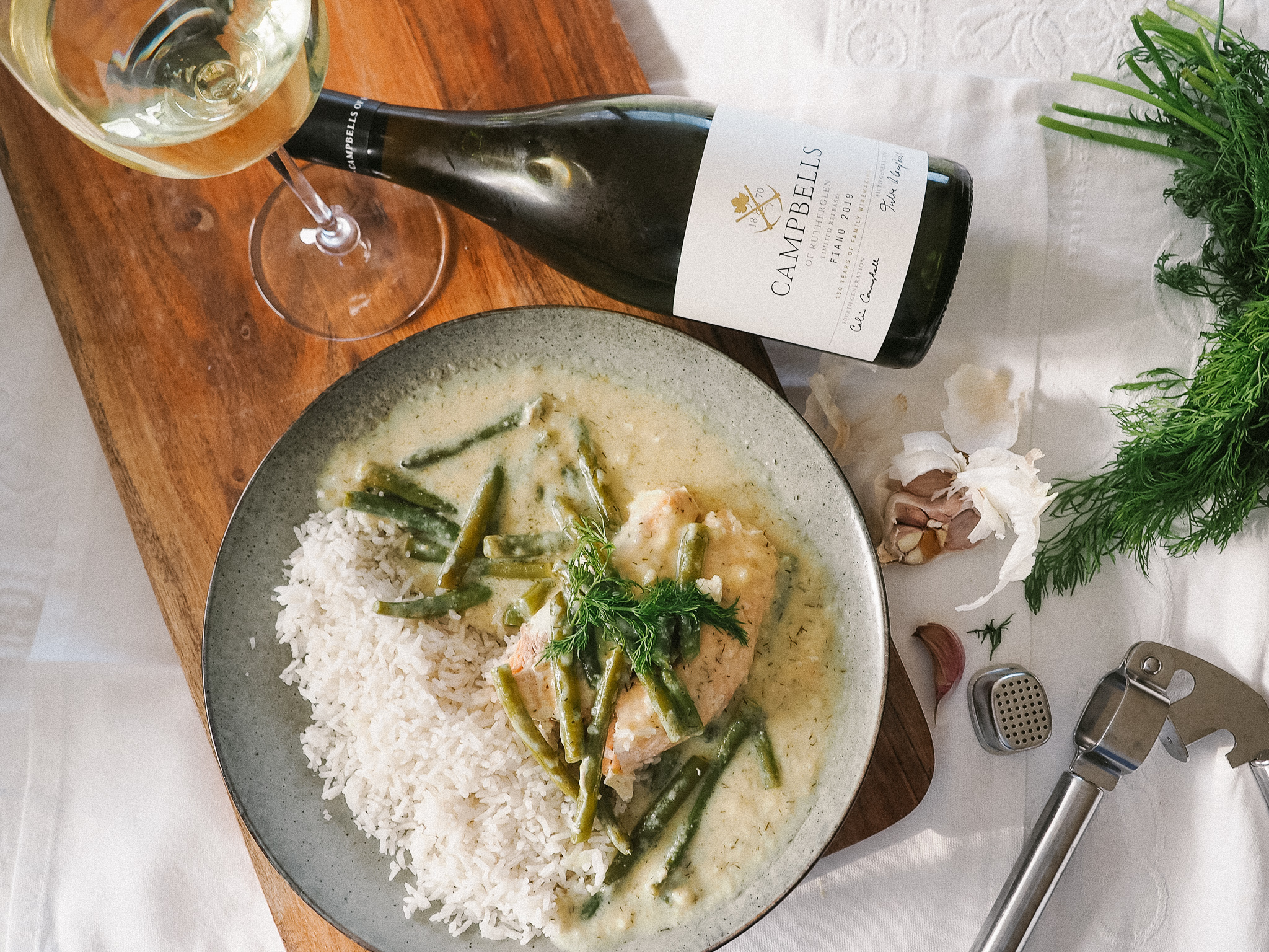 Salmon with Creamy Dill Sauce paired with Fiano 2018 Limited Release Campbells Wines