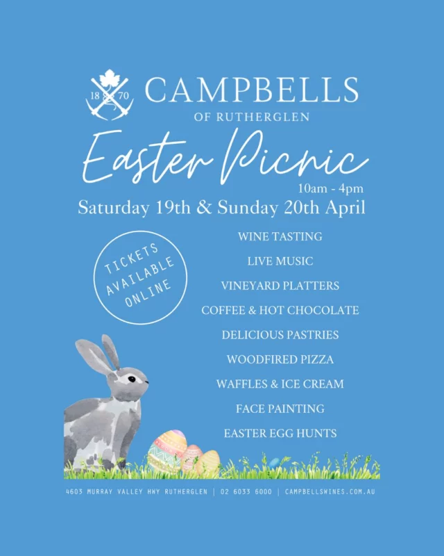 @campbellswines Easter Picnic, the perfect way to spend your Easter weekend!

Easter eggs, face painting and giant games will keep your family entertained, while you enjoy live music and delicious regional fare under the shady oaks, all with a glass of Campbells wine in hand!

Your ticket includes event entry and a Campbells branded picnic wine glass to take home, access to complimentary wine tasting at cellar door, children’s activities and live music by Scott and Amanda.

You can enjoy woodfired pizzas, waffles and ice cream, vineyard hampers (these can be pre-purchased when booking tickets), special Easter offers and back vintage releases. Plus, Easter egg treats, freshly brewed coffee and giant lawn games.

Children and designated drivers (non-drinkers) receive free entry, but please ensure a 'free' ticket is secured.

Bring your own chairs and picnic blankets to relax and graze (some seating provided).

Please do not bring your own food, alcohol or non-alcoholic drinks.

Tickets on sale now.

For further information, please visit the link in the bio.

#easter #holidays #explorerutherglen #winetime #fun #friends #family