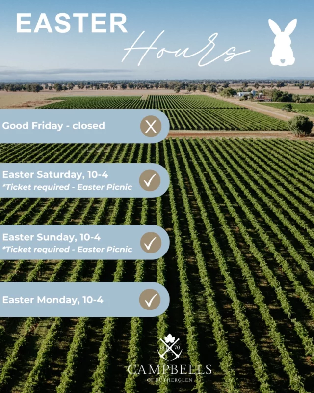 We look forward to welcoming you to @campbellswines  over the Easter long weekend.

Our trading hours are as follows during this period:

- Good Friday, closed 
- Easter Saturday and Sunday – is our Easter Picnic, tickets are required & walk-ins are welcome each day
- Easter Monday, 10am-4.00pm 

To learn more about our Easter Picnic and purchase a ticket, please visit the link in our bio.

#easter #holidays #family #fun #winetime #picnic